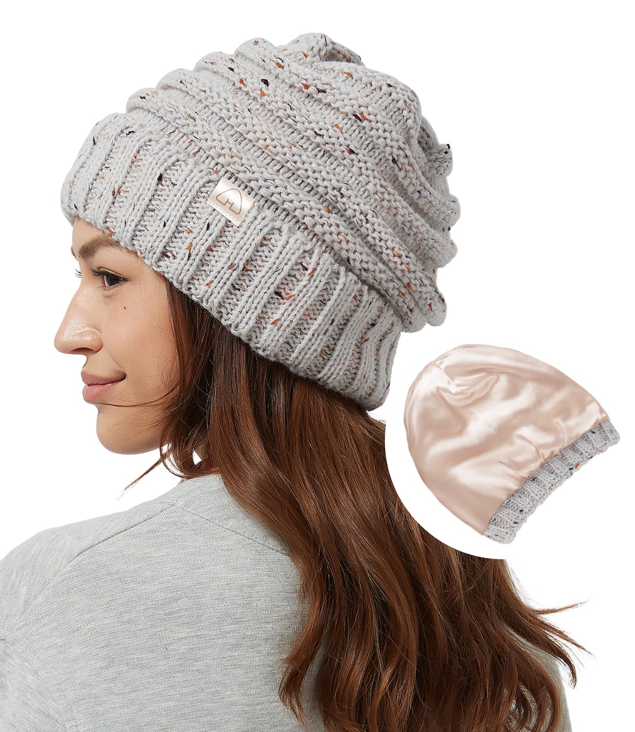 Hat Hut Womens Satin Lined Beanie Winter Hats with Silk Lining for Hair Slouchy Beanie Soft Warm Cable Knit Winter Hat